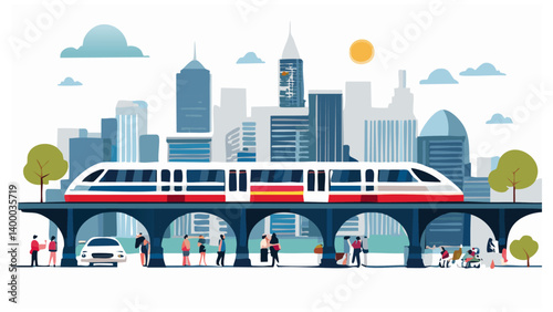 Commuter Scene with Metro Train on Elevated Tracks and People Waiting Below – Flat Vector City Panorama 1