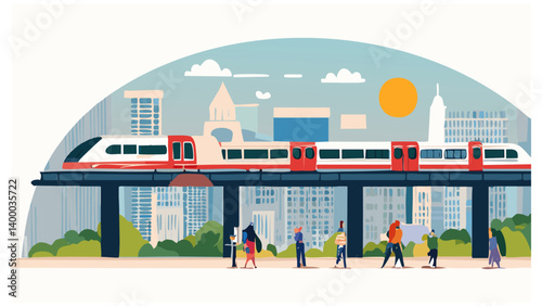 Commuter Scene with Metro Train on Elevated Tracks and People Waiting Below – Flat Vector City Panorama 2