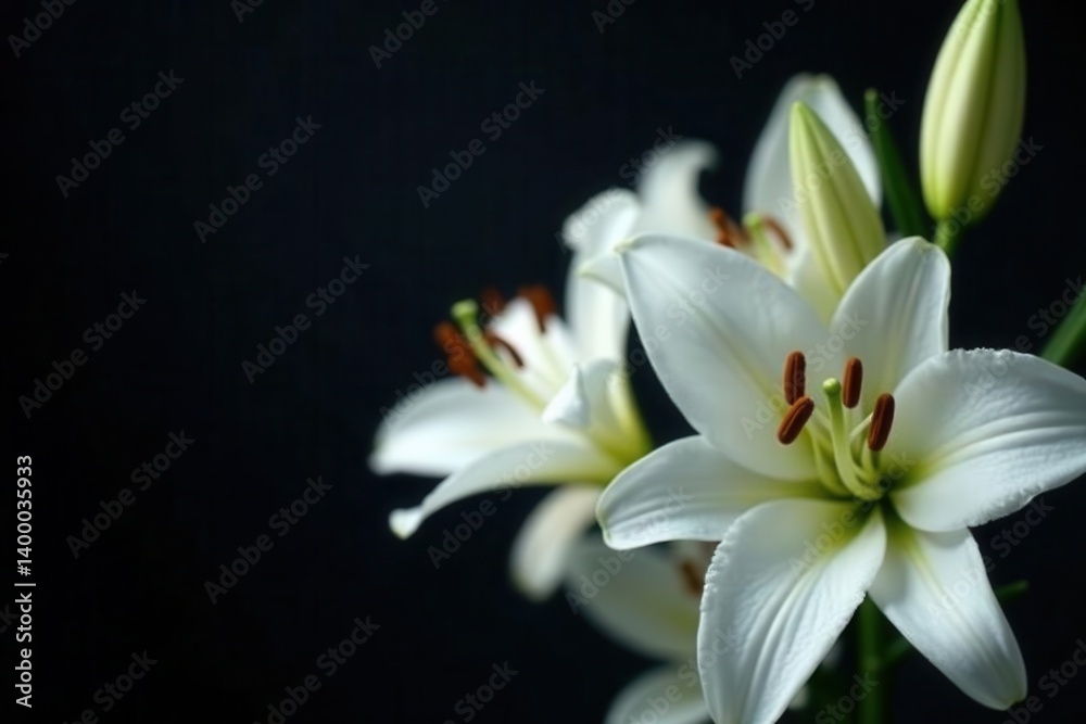 Fototapeta premium Elegant white lilies, close-up, dark backdrop , peace, luxury, black background
