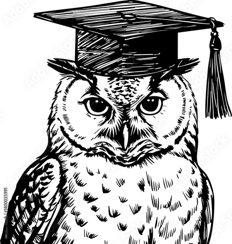 Wise owl graduate an educational illustration classroom setting vintage style academic theme close-up view