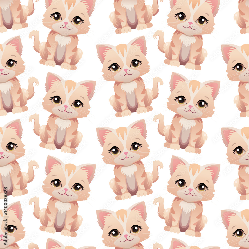 Fototapeta premium Seamless pattern of cute kitten on white background. Kawaii cat. Vector illustration for kids.