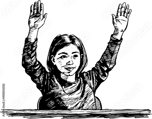 Child raising hand in classroom education setting sketch illustration engaging learning environment creative perspective