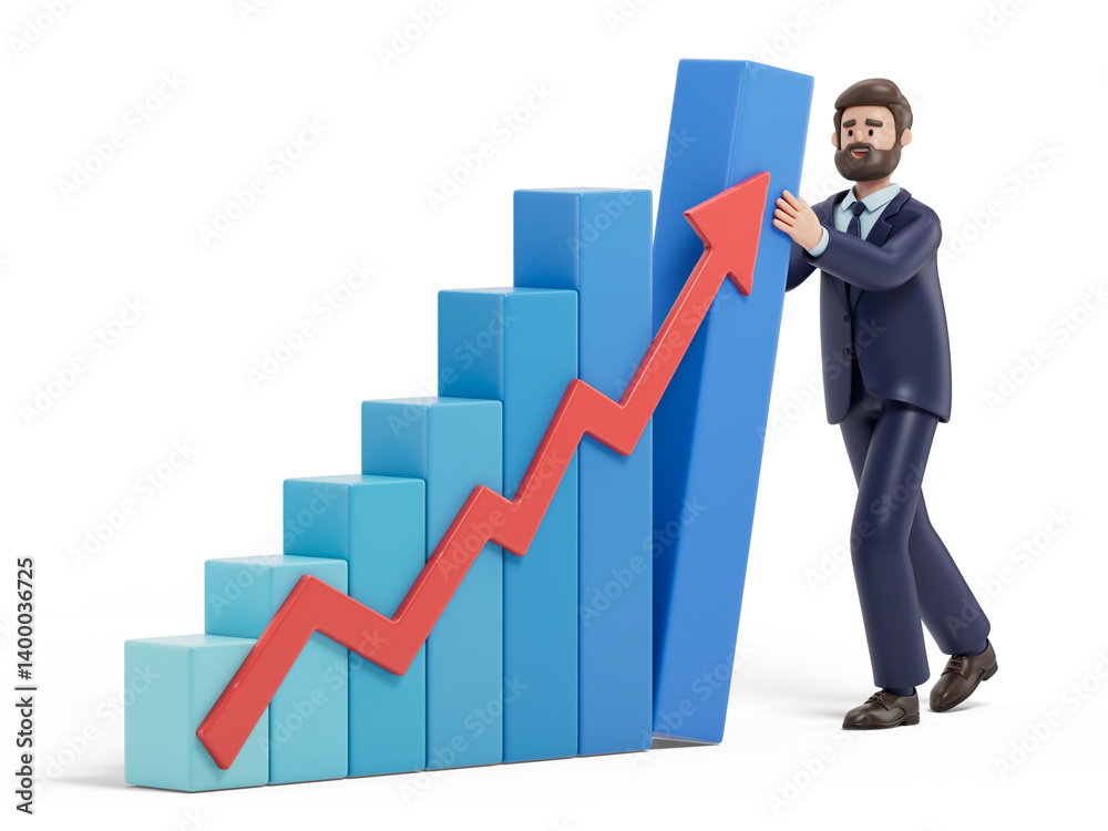 A man leans on a rising bar graph, symbolizing success or growth. 3D rendering, conceptual image. Isolated on white background. A man leans on a rising bar graph, symbolizing success or growth. 3D rendering, conceptual image. Isolated on white background.