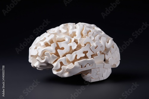 Human brain model with fading puzzle pieces symbolizing memory loss with copy space. Soft dramatic light. Dark clinical background.