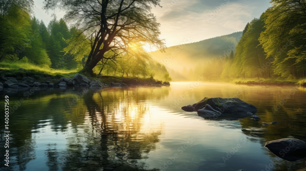 Tranquil scene of a panoramic landscape with sunset and sky over idyllic lake and river with reflection