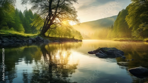Obraz na płótnie Tranquil scene of a panoramic landscape with sunset and sky over idyllic lake and river with reflection w salonie