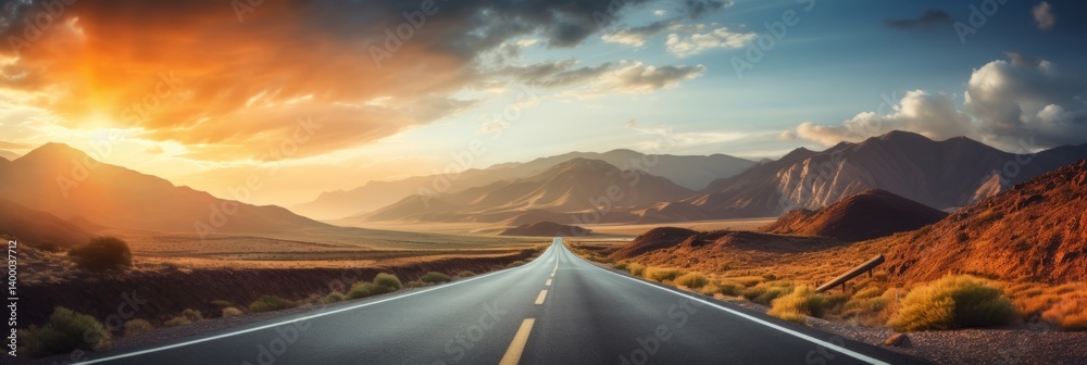A curvy road winds through the mountains in sunset
