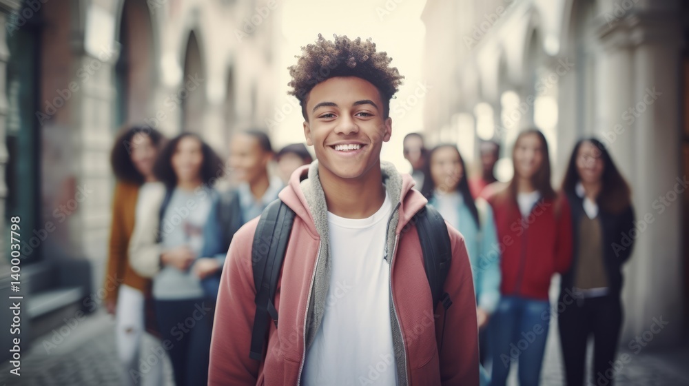 young high school student together with other students in background