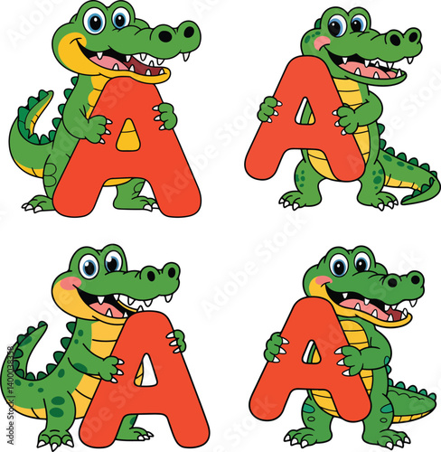 Cute Cartoon Alligator Holding Letter A – Alphabet Animal Clipart for Kids & Learning