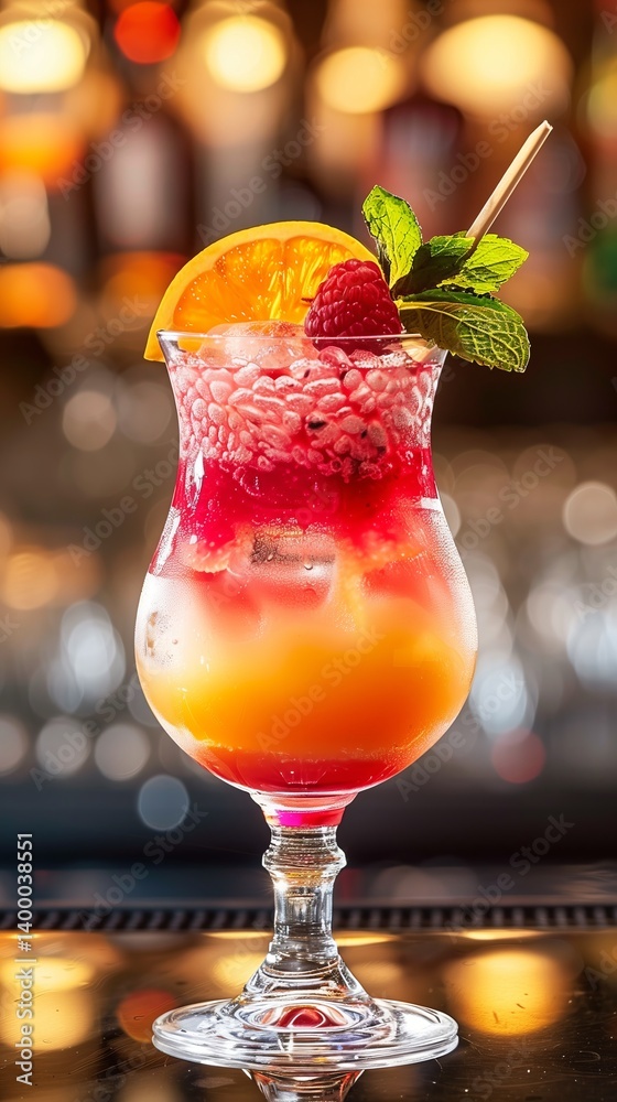 Tasty and colorfully decorated cocktail with fruits and ice in an elegant glass at the bar