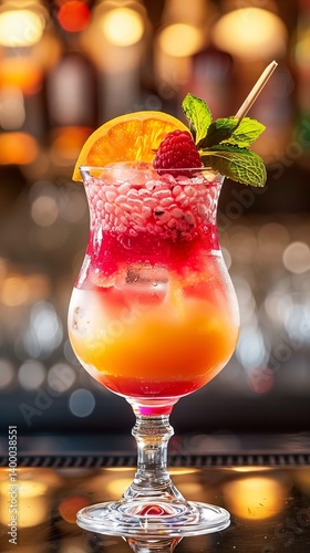 Obraz na płótnie Tasty and colorfully decorated cocktail with fruits and ice in an elegant glass at the bar w salonie