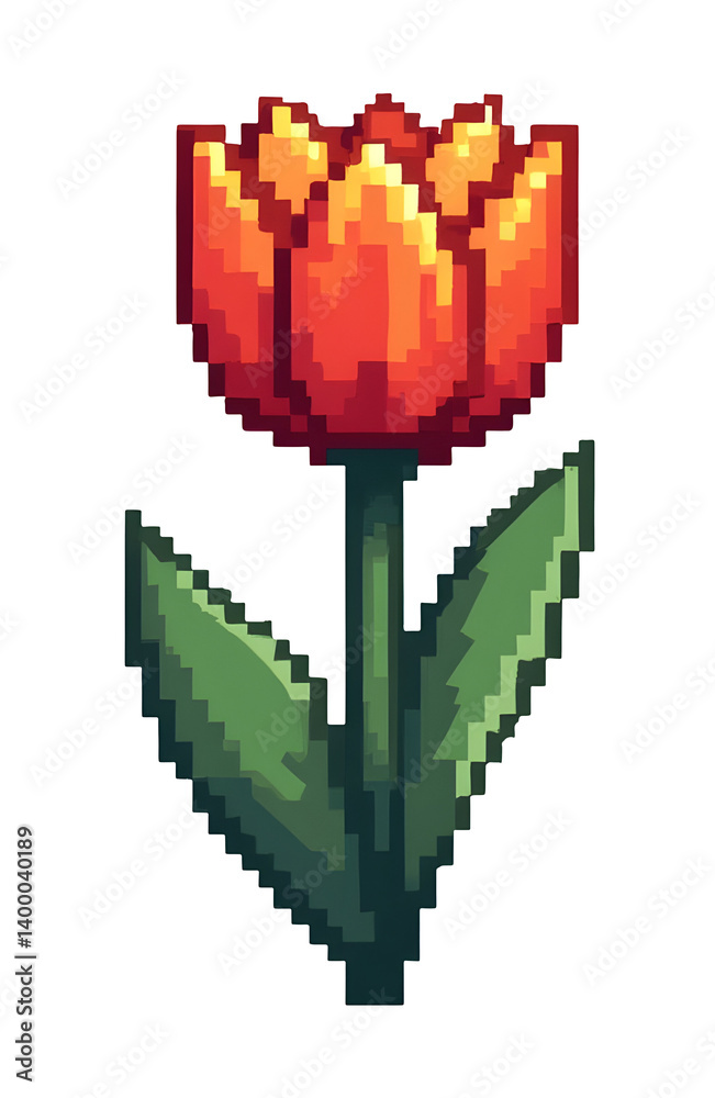 Decorative clipart artwork of vibrant tulip flower in pixel art style for nature enthusiasts,isolated,transparent background,cut out