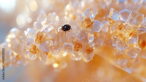A small beetle rests on crystalline structures