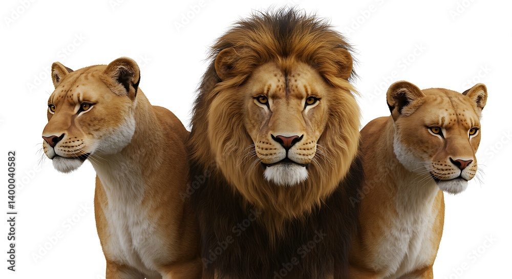 Obraz premium Majestic Lion Pride: Realistic 3D Render, Golden Hues AI Generated