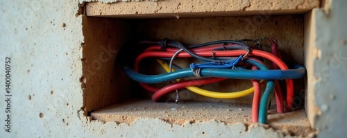 Close-up of updated electrical wiring in a new home's wall cavity, electrician, outlet