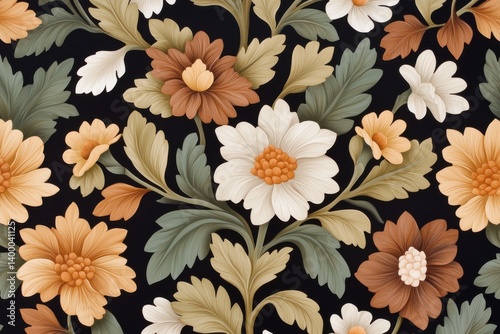 Floral pattern of stylized daisies in beige brown and black tones forming seamless symmetrical retro botanical wallpaper with vintage garden inspired design
