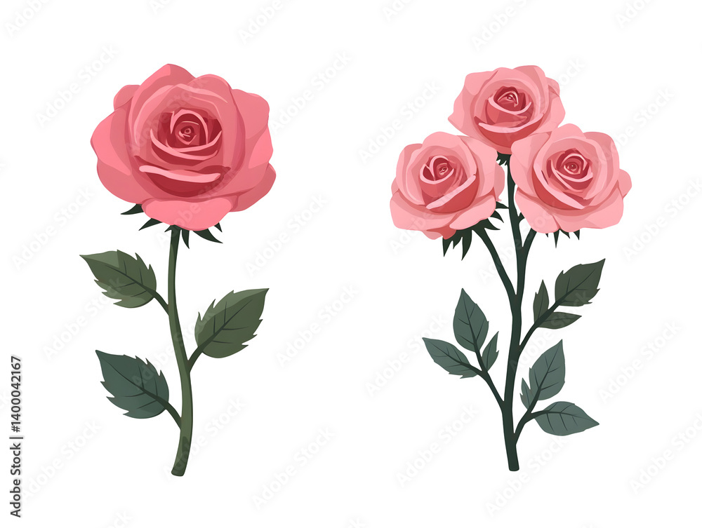 Decorative clipart artwork of pink roses nature setting floral design artistic viewpoint,isolated,transparent background,cut out