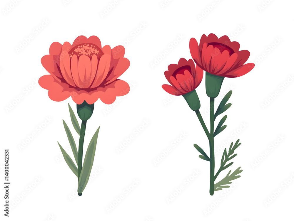 Decorative clipart artwork of red flowers nature scene floral elements vibrant greenery artistic viewpoint,isolated,transparent background,cut out