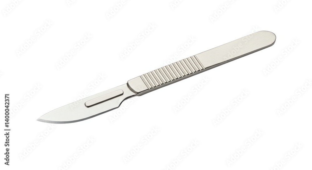 A surgical scalpel with a metal handle and blade is displayed on a plain white background studio shot A surgical scalpel with a metal handle and blade is displayed on a plain white background studio shot
