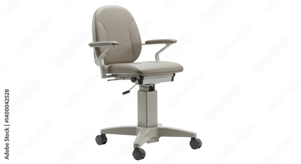 A light gray adjustable chair with armrests and wheels on a white background in a studio setting A light gray adjustable chair with armrests and wheels on a white background in a studio setting