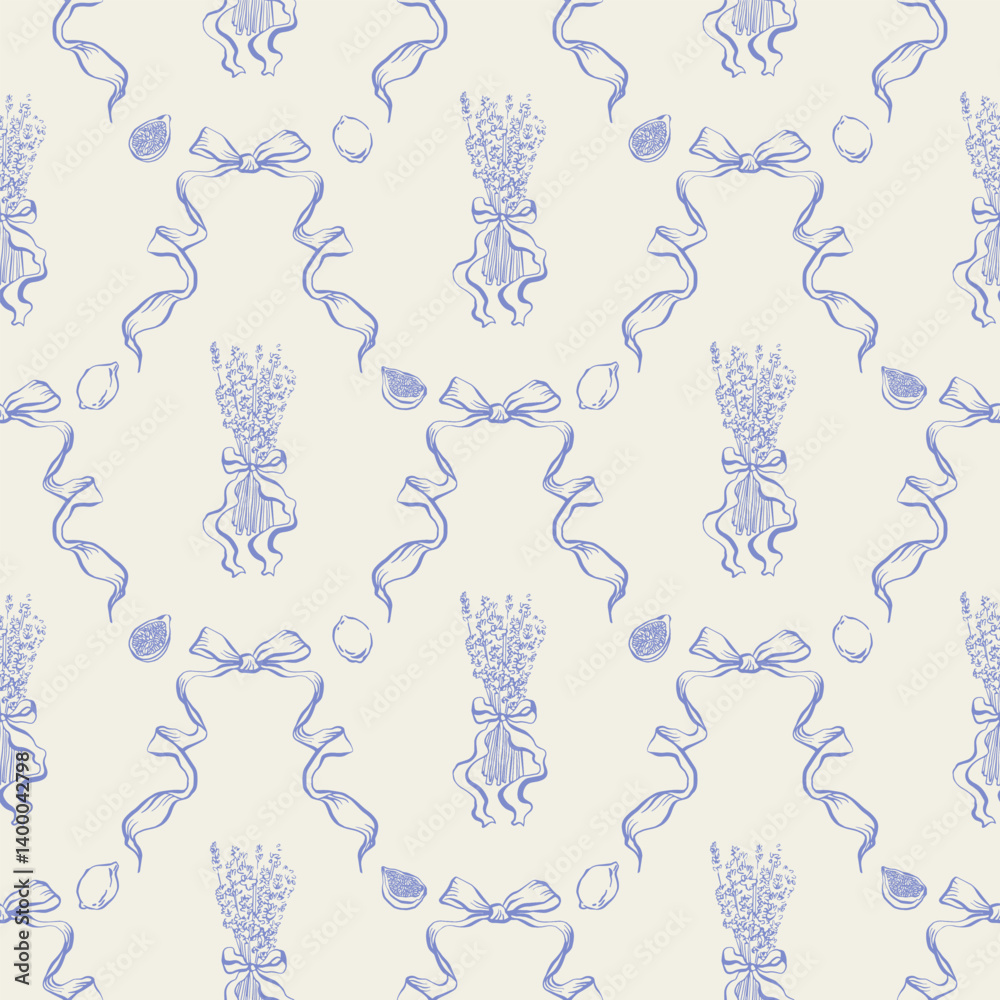 Seamless pattern with lavender bouquets, figs, lemons, and ribbons in vintage hand drawn style. Provence summer aesthetic for textile, wallpaper, packaging, card, invitation. Vector retro background.