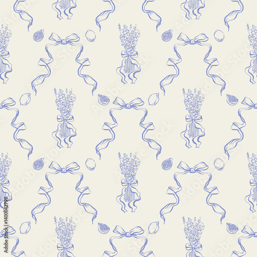 Seamless pattern with lavender bouquets, figs, lemons, and ribbons in vintage hand drawn style. Provence summer aesthetic for textile, wallpaper, packaging, card, invitation. Vector retro background.