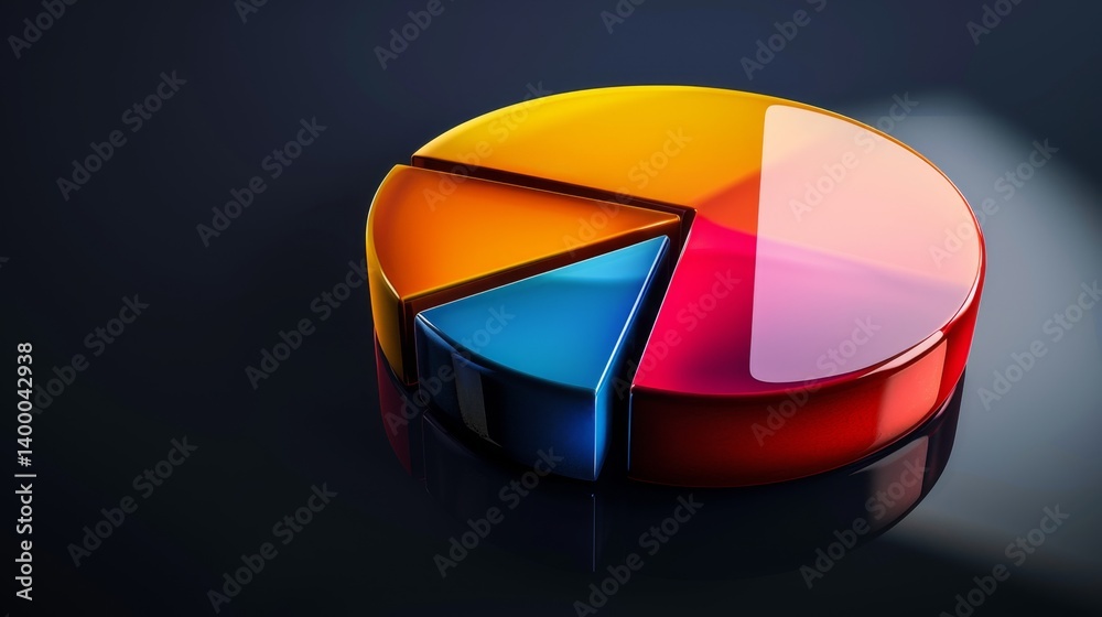 D pie chart with vibrant parts floating on a dark reflective surface, clean shadows D pie chart with vibrant parts floating on a dark reflective surface, clean shadows
