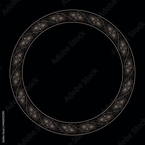 Beautiful gold round frame arabesque on black background. Gold plate with lace design. Vintage, European frame with arabesques. Pattern frame for household utensil, textile, embroidery, porcelain. EPS