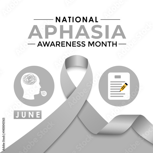 National Aphasia awareness month is observed every year in June. Human, brain with Realistic ribbon. Educate the public about aphasia a language disorder affecting speaking, writing, and comprehension
