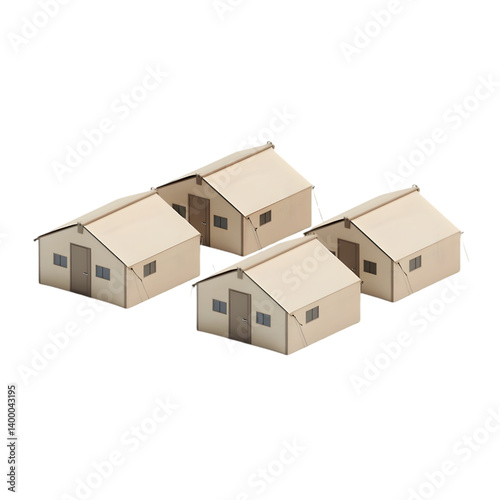 Group of light beige temporary modular buildings.