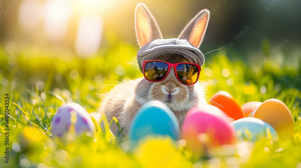 funny Easter bunny with sunglasses and cap sits in the grass with colourful Easter eggs
