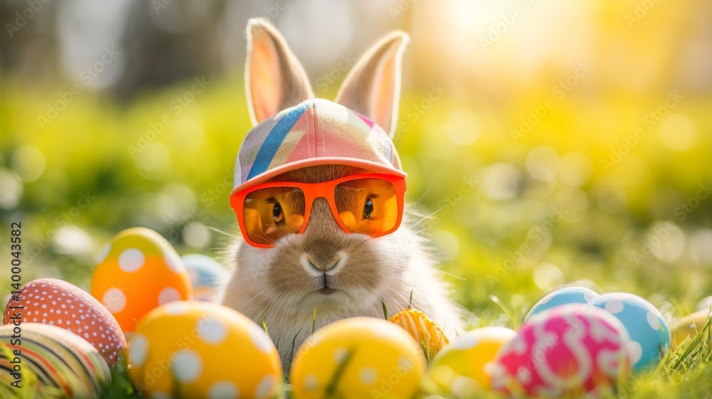 funny Easter bunny with sunglasses and cap sits in the grass with colourful Easter eggs