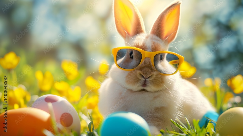 funny Easter bunny with sunglasses and colourful Easter eggs sits in the grass