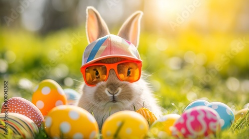 Obraz na płótnie funny Easter bunny with sunglasses and cap sits in the grass with colourful Easter eggs w salonie