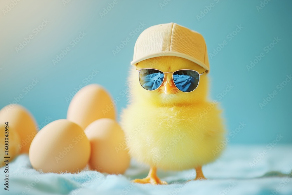 cute young fluffy Easter chick baby with cap and sunglasses