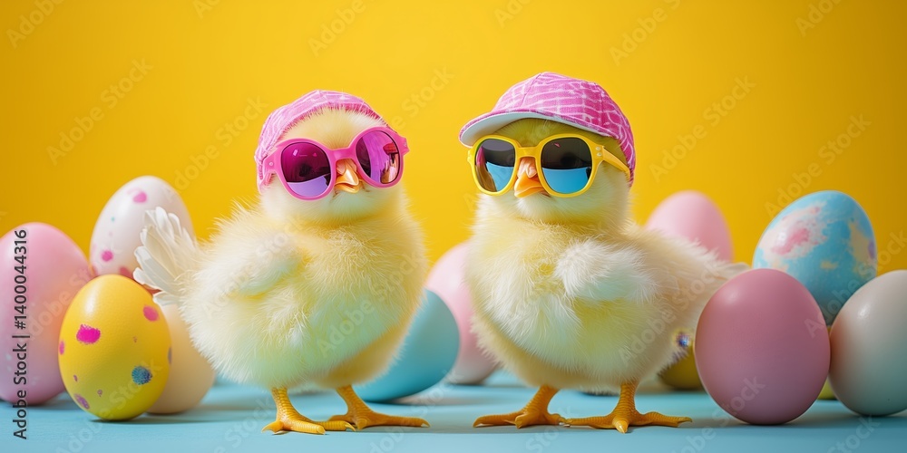cute young fluffy Easter chick baby with cap and sunglasses