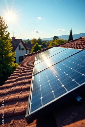 Close-up of solar panels on a suburban rooftop during a sunny day, sunny, eco-friendly