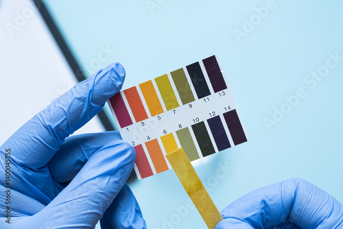 Tableau sur toile Gloved hands holding ph test strip with color scale on blue background