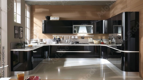 Modern kitchen with glossy cabinetry, built-in appliances, and under-cabinet lighting