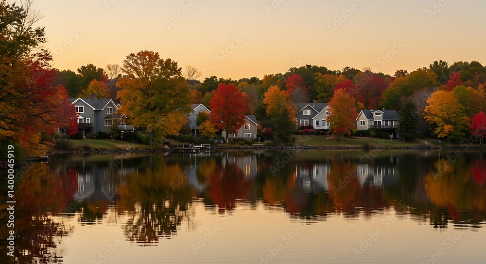 Fototapeta premium Autumn's Golden Embrace: Lakeside Homes Mirrored in Sunset Hues AI Generated