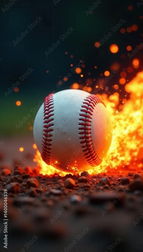 Fiery baseball explodes in motion, glowing embers trail , isolated, dynamic, abstract Fiery baseball explodes in motion, glowing embers trail , isolated, dynamic, abstract