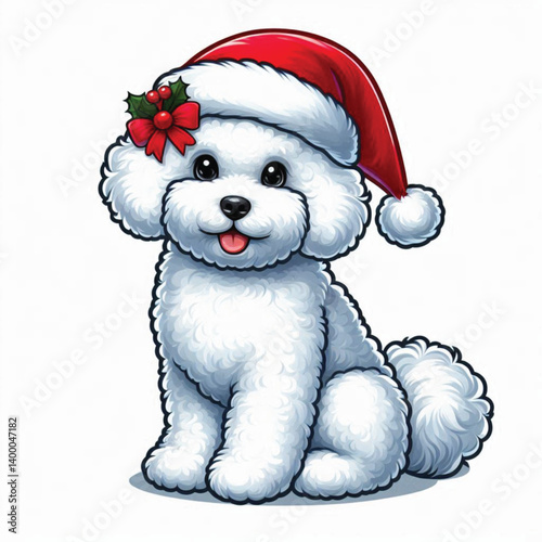 Christmas Santa hat Cartoon Bichon Frise Dog Vector Illustration isolated 