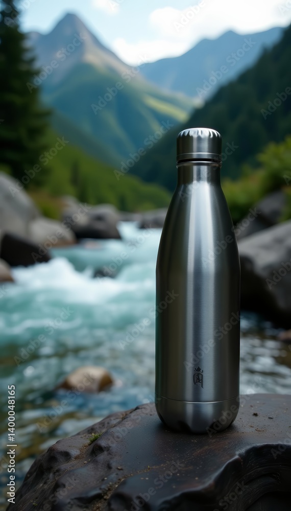 Close-up of stainless steel water bottle near flowing mountain stream, nature, hydration, eco-friendly Close-up of stainless steel water bottle near flowing mountain stream, nature, hydration, eco-friendly