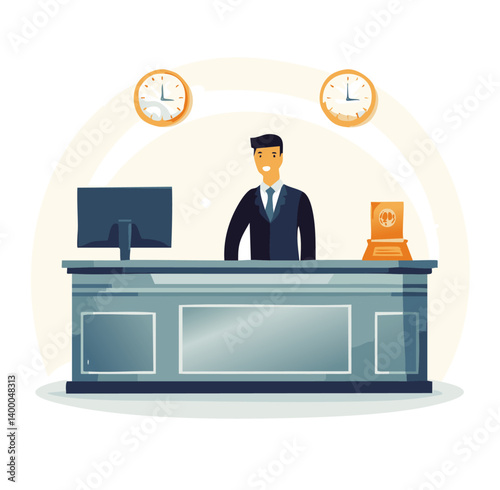 Receptionist Standing at Front Desk in Hotel or Office Lobby Illustration

