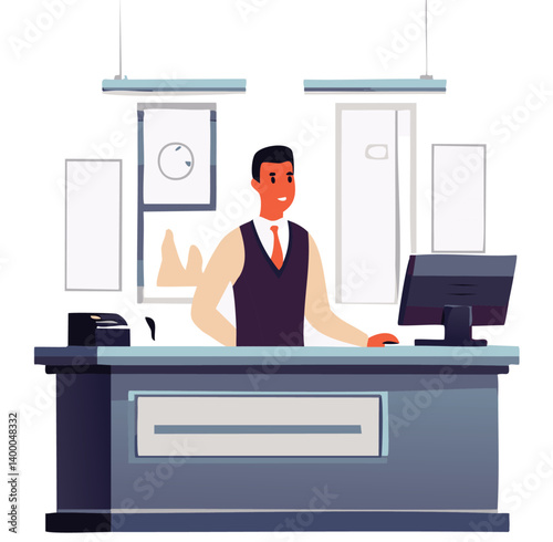 Receptionist Standing at Front Desk in Hotel or Office Lobby Illustration

