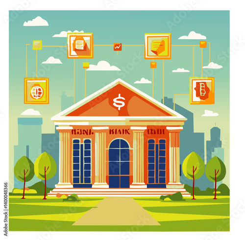 Cartoon Bank Building with Gold Coins – Financial Institution and Wealth Concept Illustration

