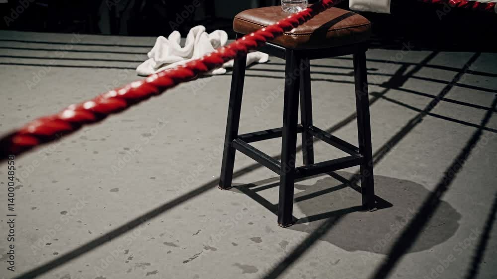 Empty boxing ring corner with stool and towel, symbolizing rest between tough rounds
