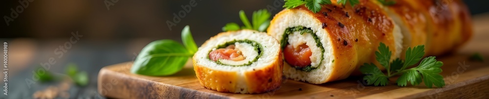 Close-up of stuffed chicken roulade garnished with fresh herbs on wooden cutting board, gastronomy, cooking, meat Close-up of stuffed chicken roulade garnished with fresh herbs on wooden cutting board, gastronomy, cooking, meat