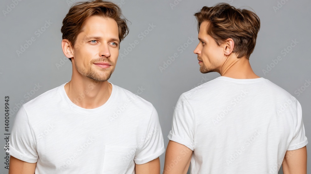 Man in white shirt shows front and back with neutral gray background Man in white shirt shows front and back with neutral gray background