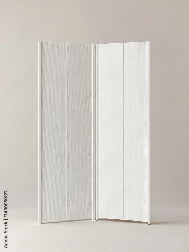 Minimalist white room divider, featuring light texture on the panels, stands out against a neutral backdrop. Minimalist white room divider, featuring light texture on the panels, stands out against a neutral backdrop.